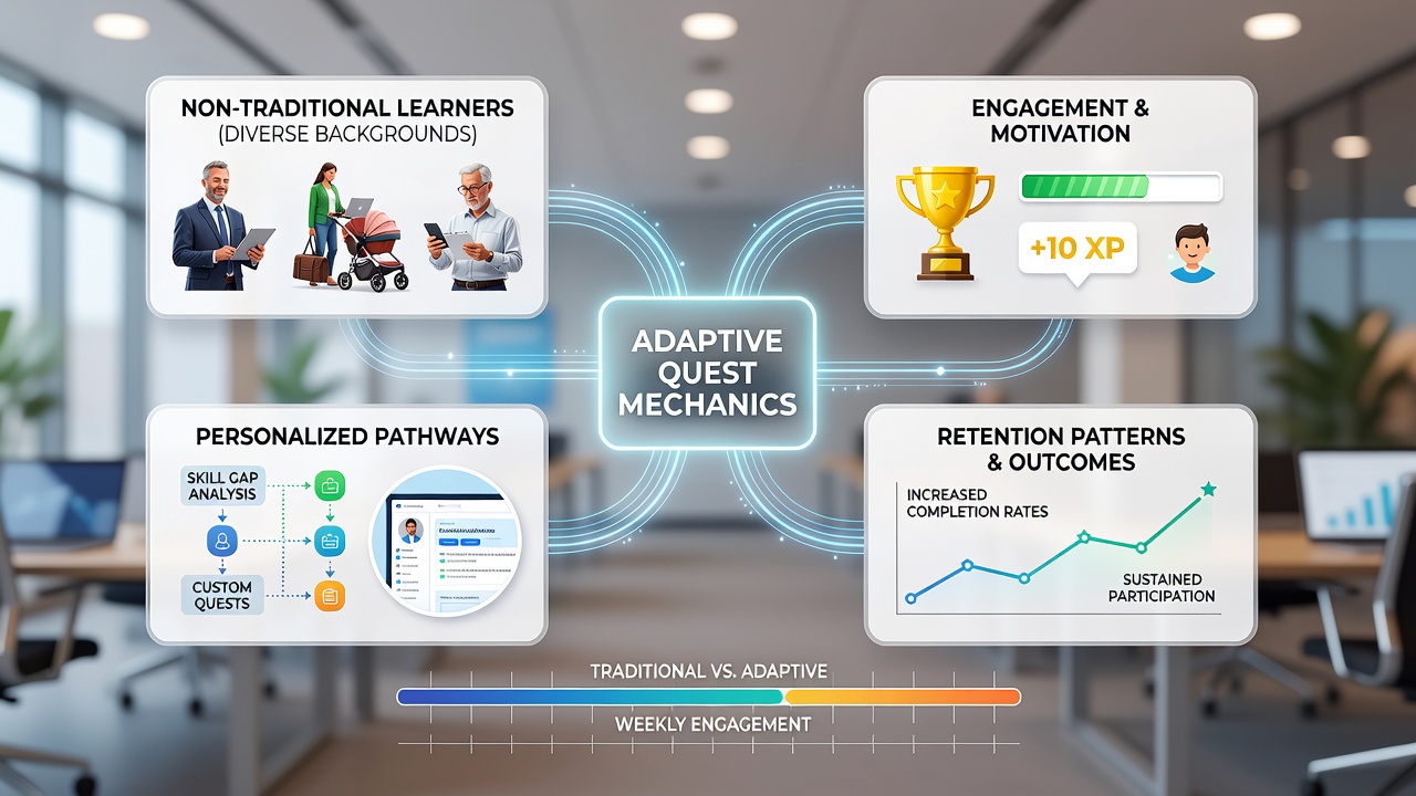 Infographic illustrating retention statistics and adaptive adjustments in quest-based learning for non-traditional adult students